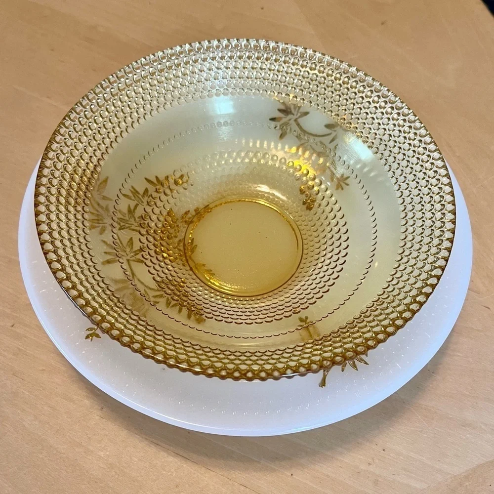 Beautiful Vintage Amber Glass Beaded Bowl and Federal White Milk Glass Bowl Set